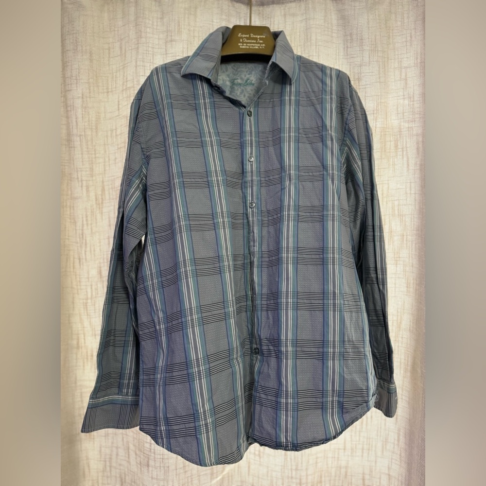Tasso Elba Blue and Green Plaid Shirt